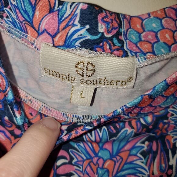 SIMPLY SOUTHERN PINK BLUE PINEAPPLE PRINT COLD SHOULDER STRETCH DRESS W/ POCKETS - Picture 3 of 5
